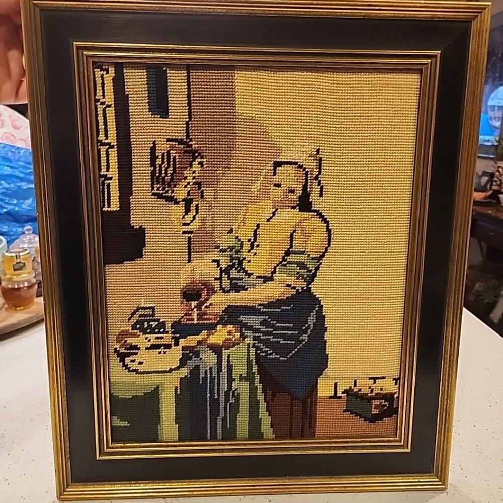 Vintage framed needlepoint reproduction of Rembrandt art Milkmaid 18x15"